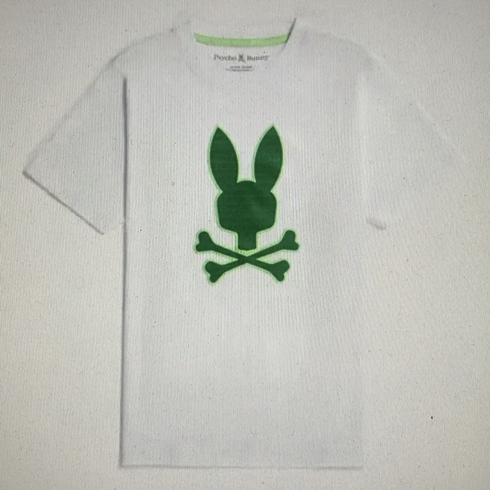 PSYCHO  BUNNY WHITE/NEON GREEN KIDS HARVEY EMBROIDERED GRAPHIC T-SHIRT.